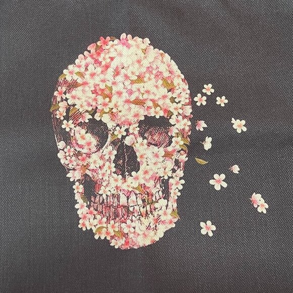 Skull Floral Black & Pink Rose Petals Painted Fabric Canvas Strap Everyday Tote - Picture 2 of 4